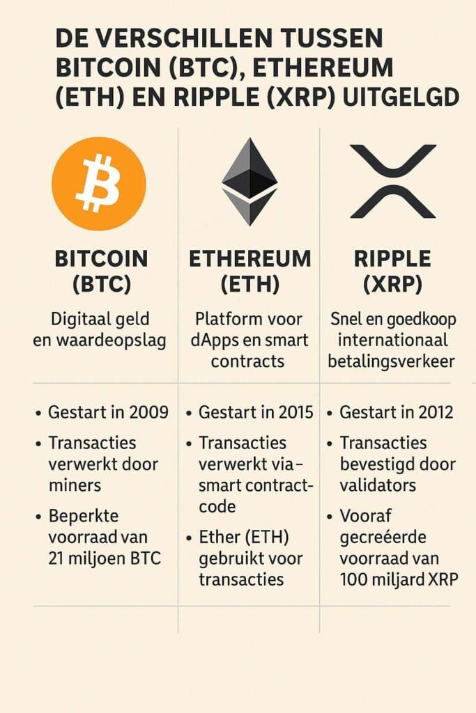 Infographic die de verschillen uitlegt tussen Bitcoin (BTC), Ethereum (ETH) en Ripple (XRP), inclusief doel, transacties en voorraad.