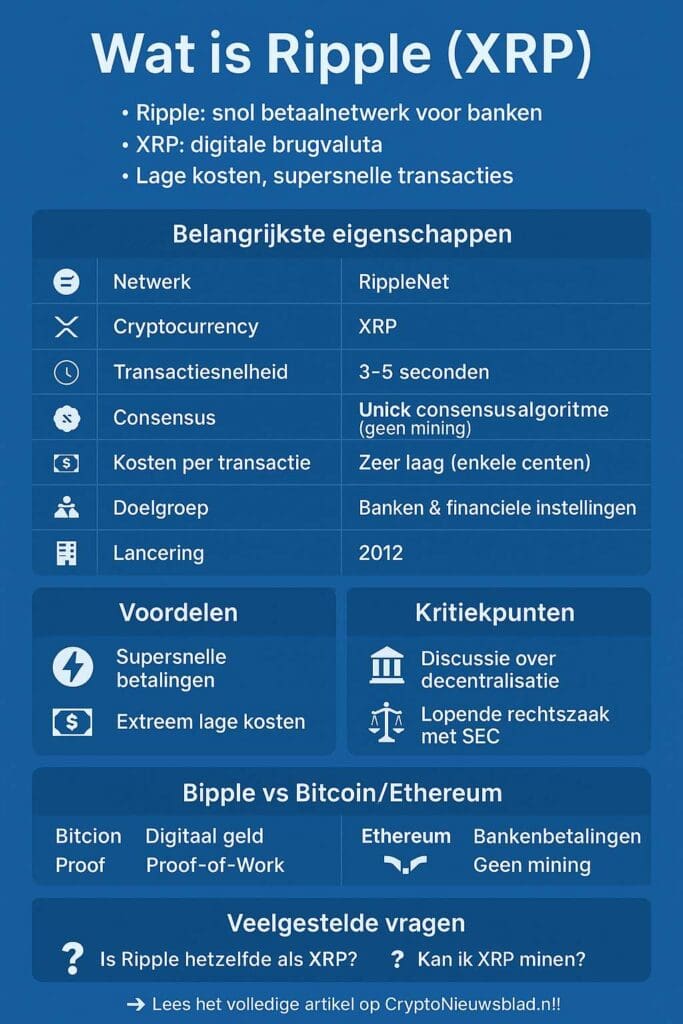 Infographic uitleg over Ripple (XRP), RippleNet, voordelen, nadelen en verschillen met Bitcoin en Ethereum.