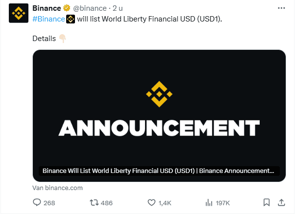 Binance voegt USD1 toe