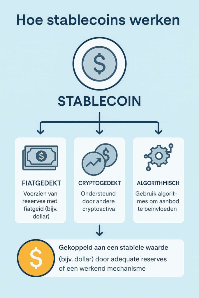 Infographic over hoe stablecoins werken: uitleg van fiat-gedekte, crypto-gedekte en algoritmische stablecoins.