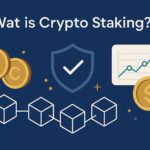 Brede visual van crypto staking met blockchainverbinding, stakende munten, veiligheidsschild en stijgende beloningen.