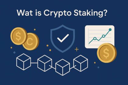 Brede visual van crypto staking met blockchainverbinding, stakende munten, veiligheidsschild en stijgende beloningen.