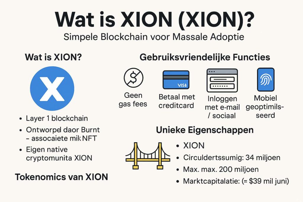 Infographic met uitleg over XION blockchain, inclusief functies zoals gasloze transacties, creditcardbetalingen en tokenomics.