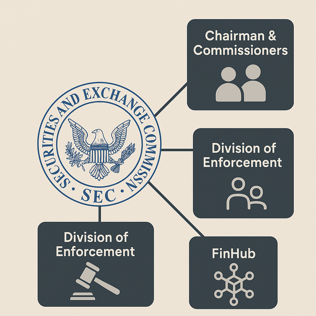 Structuur van de Amerikaanse SEC met verdeling in Chairman, Enforcement en FinHub