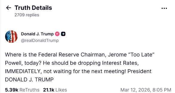 Bericht Donald Trump, bron: Truth Social